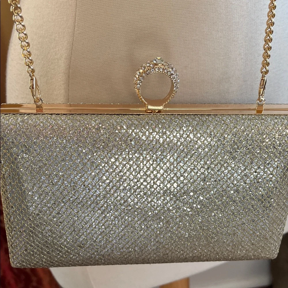 Starlet Gold & Sliver Clutch gold rhinestone ring clasp & Gold chain 8”LX4.5”H